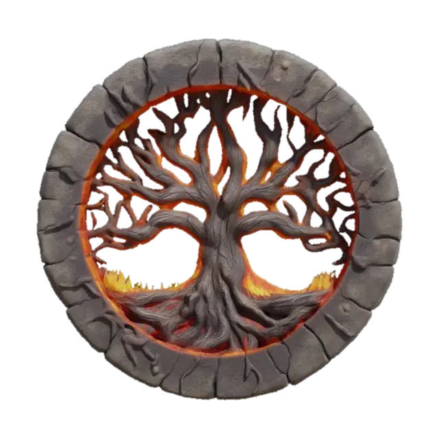 Emblem of the Emberroot Concord A gnarled tree with molten veins rises from a ring of… - Ember 3D model, vytvořený pomocí AI