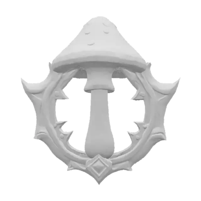 3D model for Psyshroom Sigil Emblem
An arcane emblem shaped like a stylized badge with a central pink toadstool mushroom, flared cap speckled in bright green, its stalk glowing white against a blackened metal crest. #Emblem#