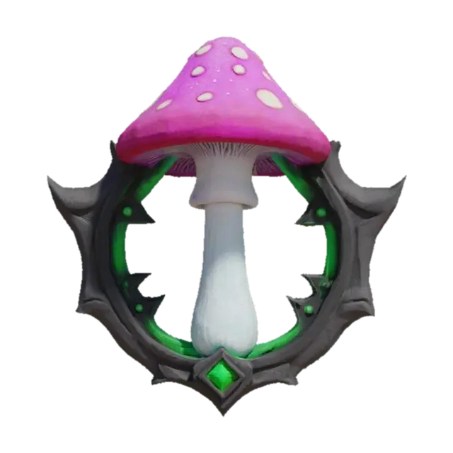 3D model for Psyshroom Sigil Emblem
An arcane emblem shaped like a stylized badge with a central pink toadstool mushroom, flared cap speckled in bright green, its stalk glowing white against a blackened metal crest. #Emblem#