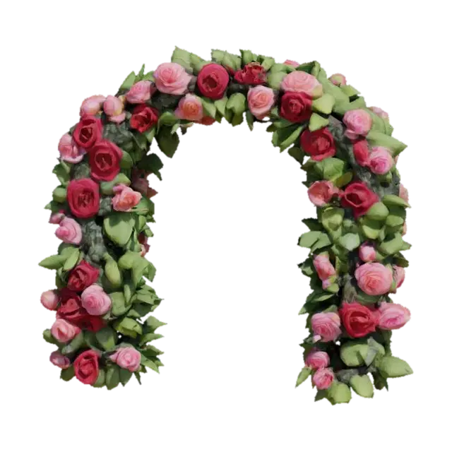 A vibrant, living floral arch, constructed from a dense weave of blooming roses and… 3D model, vytvořený pomocí AI