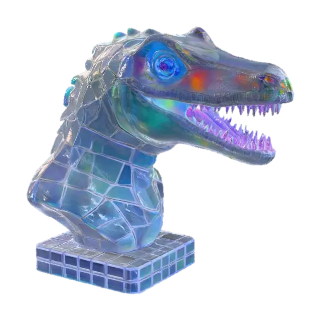 A fierce T-Rex head bust, crafted from large, angular fragments of intensely… - Fragmented 3D model, vytvořený pomocí AI