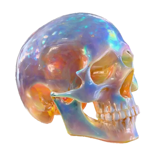 3D model for An opal skull. The exquisite carved gemstone showcases a milky, translucent quality, allowing for an internal glow that emanates a full spectrum of radiant, opalescent hues. Fine, hair-thin internal veins catch and refract light, enhancing the shifting rainbow effect that dances across its pointed ends and along its subtly ridged edges. Blues, reds, yellows, greens, all appear like a real opal in the light.