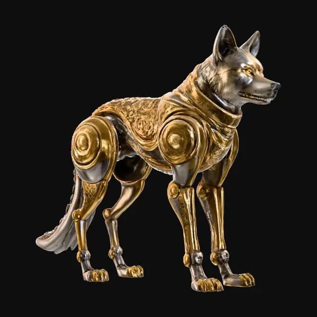 3D model for This magnificent robot wolf stands tall on its mechanical hind legs, its form a masterpiece of ancient-inspired artistry and modern robotics. Its body gleams with a mix of mirror-finished gold and antique silver plating. Across its entire surface, detailed, relief-style carvings depict mythological creatures and intricate swirling patterns. The gold elements highlight these elaborate designs against the silver, creating a regal, almost sacred aesthetic for the technological beast.