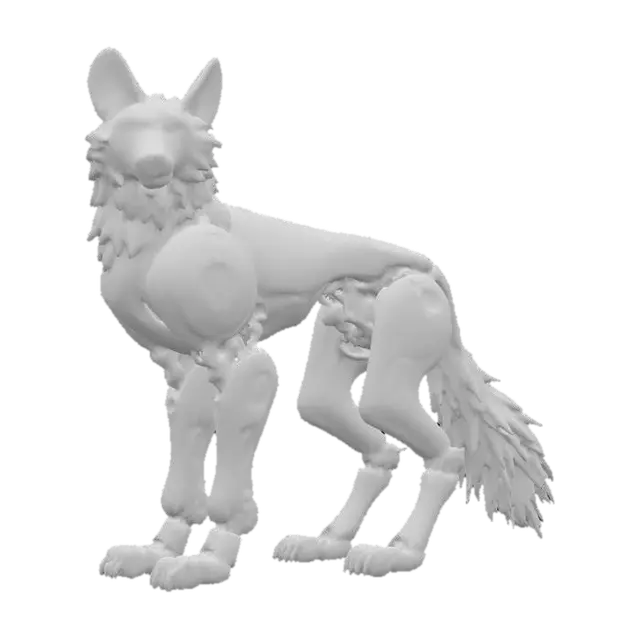 3D model for A powerful robot wolf on its hind legs, exuding strength with its heavily plated, industrial design. Its body is constructed from burnished silver, accented by prominent sections of gleaming gold. Deeply carved into its metallic armor are bold, almost brutalist artistic patterns, featuring broad strokes and symbolic motifs that alternate between the two metals. This gives the robot a formidable yet artistically embellished presence, a blend of raw power and ceremonial design.
