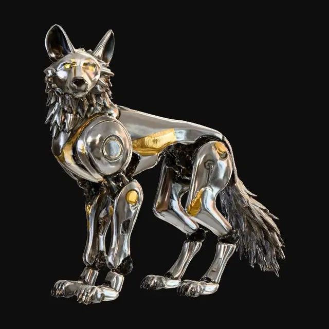 3D model for A powerful robot wolf on its hind legs, exuding strength with its heavily plated, industrial design. Its body is constructed from burnished silver, accented by prominent sections of gleaming gold. Deeply carved into its metallic armor are bold, almost brutalist artistic patterns, featuring broad strokes and symbolic motifs that alternate between the two metals. This gives the robot a formidable yet artistically embellished presence, a blend of raw power and ceremonial design.