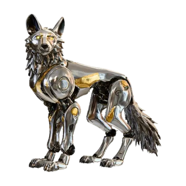 3D model for A powerful robot wolf on its hind legs, exuding strength with its heavily plated, industrial design. Its body is constructed from burnished silver, accented by prominent sections of gleaming gold. Deeply carved into its metallic armor are bold, almost brutalist artistic patterns, featuring broad strokes and symbolic motifs that alternate between the two metals. This gives the robot a formidable yet artistically embellished presence, a blend of raw power and ceremonial design.