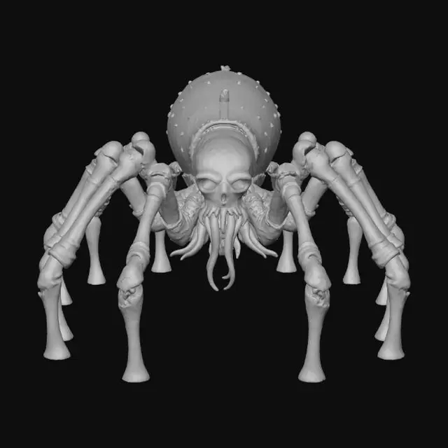 3D model for A grotesque, spider-like cryptid, massive and low-slung, with eight thick, segmented legs resembling rusted rebar and concrete chunks. Its body is an uneven, dark grey mass, studded with sharp, obsidian-like shards where its multiple, unblinking eyes are located. The texture combines rough, crumbling concrete with the cold, pitted feel of corroded metal, creating a terrifyingly industrial horror. #Halloween2025#