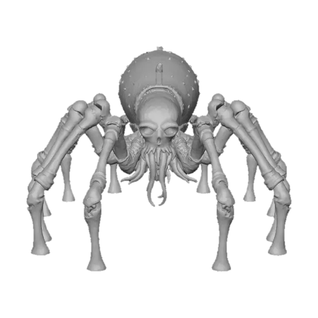 3D model for A grotesque, spider-like cryptid, massive and low-slung, with eight thick, segmented legs resembling rusted rebar and concrete chunks. Its body is an uneven, dark grey mass, studded with sharp, obsidian-like shards where its multiple, unblinking eyes are located. The texture combines rough, crumbling concrete with the cold, pitted feel of corroded metal, creating a terrifyingly industrial horror. #Halloween2025#