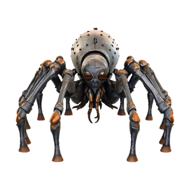 3D model for A grotesque, spider-like cryptid, massive and low-slung, with eight thick, segmented legs resembling rusted rebar and concrete chunks. Its body is an uneven, dark grey mass, studded with sharp, obsidian-like shards where its multiple, unblinking eyes are located. The texture combines rough, crumbling concrete with the cold, pitted feel of corroded metal, creating a terrifyingly industrial horror. #Halloween2025#