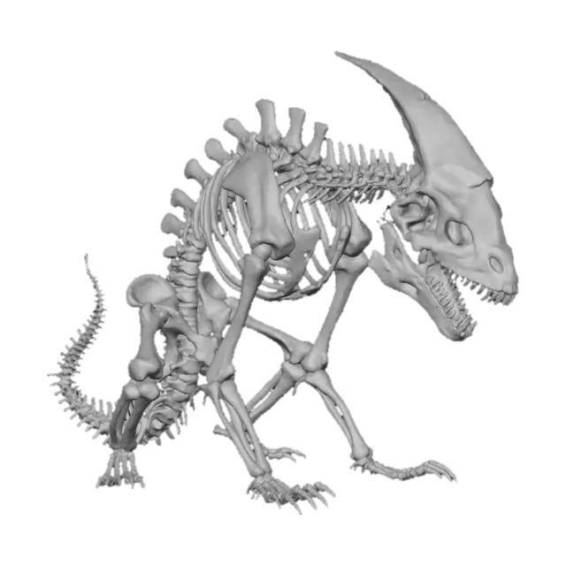 3D model for a warped and twisted horror skeleton of an unknown creature, something like an alien or dinosaur, it is collapsed and resting on the ground, crumbling and falling apart. HR giger style.  long dead. No background. #Halloween2025#
