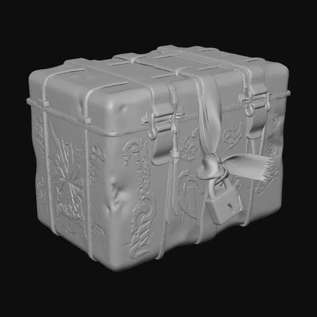 3D model for A grimy, dented metal gift box, sealed shut with heavy-duty, corroded clamps and repurposed zip ties. Faded, colorful graffiti art depicting abstract snowflakes and distorted candy canes in hot pink and lime green covers its surface. A tattered, dirty red ribbon, made from synthetic webbing, is knotted around it, secured by a rusted, broken padlock. The metal is heavily scratched. #Christmas2025#