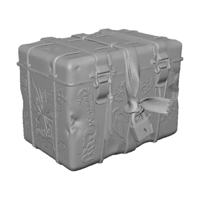 3D model for A grimy, dented metal gift box, sealed shut with heavy-duty, corroded clamps and repurposed zip ties. Faded, colorful graffiti art depicting abstract snowflakes and distorted candy canes in hot pink and lime green covers its surface. A tattered, dirty red ribbon, made from synthetic webbing, is knotted around it, secured by a rusted, broken padlock. The metal is heavily scratched. #Christmas2025#