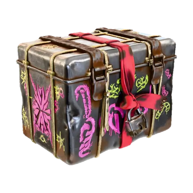 3D model for A grimy, dented metal gift box, sealed shut with heavy-duty, corroded clamps and repurposed zip ties. Faded, colorful graffiti art depicting abstract snowflakes and distorted candy canes in hot pink and lime green covers its surface. A tattered, dirty red ribbon, made from synthetic webbing, is knotted around it, secured by a rusted, broken padlock. The metal is heavily scratched. #Christmas2025#