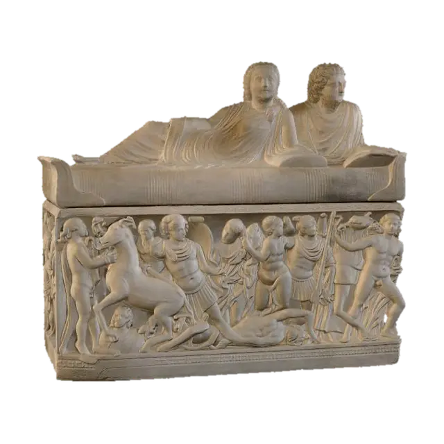Funerary Sarcophagus with Procession Relief 3D model, vytvořený pomocí AI
