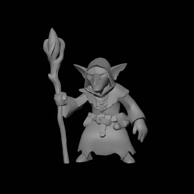 3D model for Create an image of a low-to-medium poly style goblin character who is a wizard with glowing emissive details on his outfit.
