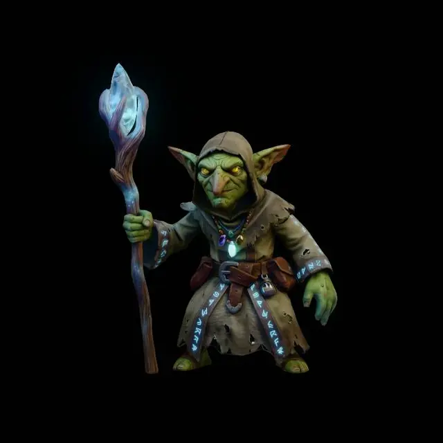 3D model for Create an image of a low-to-medium poly style goblin character who is a wizard with glowing emissive details on his outfit.