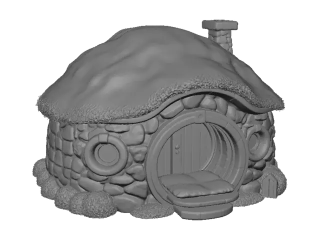 3D model for "Create a highly realistic Hobbit cat house inspired by fantasy architecture. Overall size 600 × 600 × 550 mm. Round wooden front door 230 mm diameter, detailed stone walls, grassy removable roof, two round windows, stone chimney, flat interior floor for a cat bed. Split the design into printable parts for a 350 × 350 × 350 mm printer. Include interlocking alignment tabs, mortise-and-tenon joints, magnet pockets for 10 × 3 mm neodymium magnets, wall thickness 12 mm, optimized for FDM printing with minimal supports. Export watertight STL files."