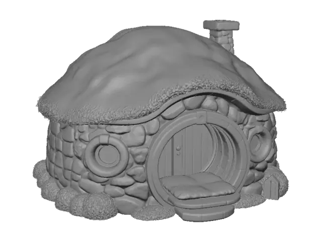 3D model for "Create a highly realistic Hobbit cat house inspired by fantasy architecture. Overall size 600 × 600 × 550 mm. Round wooden front door 230 mm diameter, detailed stone walls, grassy removable roof, two round windows, stone chimney, flat interior floor for a cat bed. Split the design into printable parts for a 350 × 350 × 350 mm printer. Include interlocking alignment tabs, mortise-and-tenon joints, magnet pockets for 10 × 3 mm neodymium magnets, wall thickness 12 mm, optimized for FDM printing with minimal supports. Export watertight STL files."