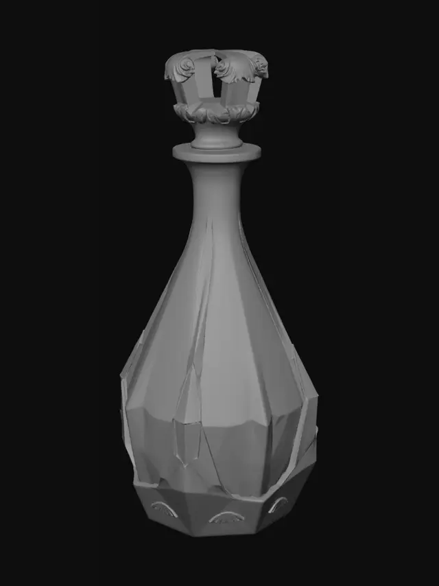 3D model for A luxury glass wine decanter with an octagonal faceted body, clear transparent borosilicate glass material, subtle light refraction and internal caustic reflections, flat circular base with double-ring footing, narrow neck with slight flare at the opening. Beside it, a separate decorative stopper shaped like an ancient Greek or Roman architectural column capital — Corinthian or Ionic style — with intricate acanthus leaf carvings and fluted shaft, made of the same clear glass. Studio lighting, product render, white background, photorealistic.