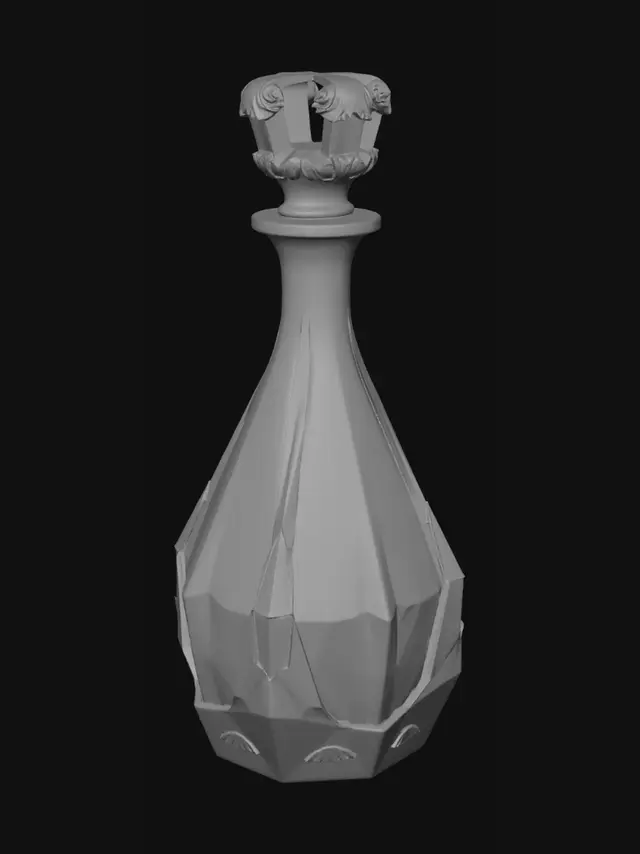 3D model for A luxury glass wine decanter with an octagonal faceted body, clear transparent borosilicate glass material, subtle light refraction and internal caustic reflections, flat circular base with double-ring footing, narrow neck with slight flare at the opening. Beside it, a separate decorative stopper shaped like an ancient Greek or Roman architectural column capital — Corinthian or Ionic style — with intricate acanthus leaf carvings and fluted shaft, made of the same clear glass. Studio lighting, product render, white background, photorealistic.