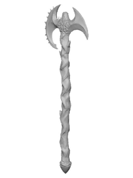 3D model for Une houe de style démoniaque, pixelisée en 32x32, forgée à partir d'un minerai sombre et robuste, évoquant de l'obsidienne ou de la netherite noircie. Sa lame présente des arêtes vives et irrégulières, comme des crocs affûtés, parsemées de petites excroissances angulaires. Le manche est tordu et gnarled, avec une texture rugueuse et bosselée, comme du bois calciné ou des os fusionnés. Les couleurs prédominantes sont le noir profond, le rouge sang et des touches de orange ardent qui semblent émaner de l'intérieur, donnant l'impression d'une chaleur infernale et d'une surface piquante.