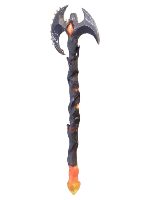 3D model for Une houe de style démoniaque, pixelisée en 32x32, forgée à partir d'un minerai sombre et robuste, évoquant de l'obsidienne ou de la netherite noircie. Sa lame présente des arêtes vives et irrégulières, comme des crocs affûtés, parsemées de petites excroissances angulaires. Le manche est tordu et gnarled, avec une texture rugueuse et bosselée, comme du bois calciné ou des os fusionnés. Les couleurs prédominantes sont le noir profond, le rouge sang et des touches de orange ardent qui semblent émaner de l'intérieur, donnant l'impression d'une chaleur infernale et d'une surface piquante.