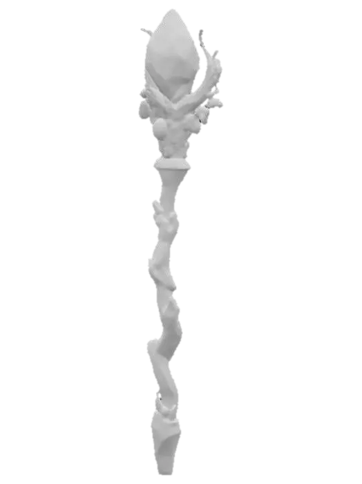3D model for A dark intricate necromancer's staff.  It is made with a jaggad piece of wood with a large purple crystal at the top