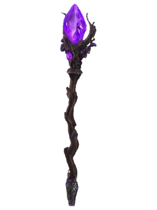3D model for A dark intricate necromancer's staff.  It is made with a jaggad piece of wood with a large purple crystal at the top