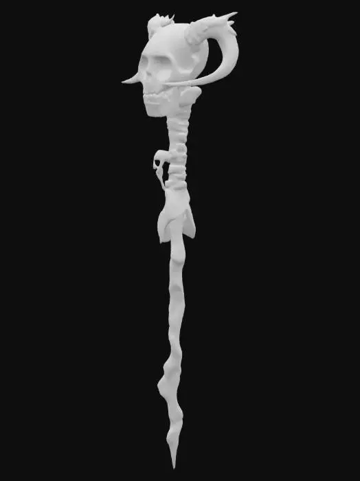 3D model for A demonic magical staff. The staff is jagged and made of bones melded together. At the top, a skull with two large rubies in the eye sockets, and a large ruby coming rom the head. It has cloth wrapping around the bones. It is intricate and highly detailed