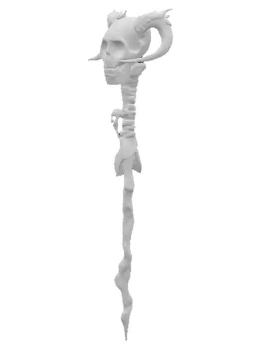3D model for A demonic magical staff.  The staff is jagged and made of bones melded together.  At the top, a skull with two large rubies in the eye sockets, and a large ruby coming rom the head. It has cloth wrapping around the bones.  It is intricate and highly detailed
