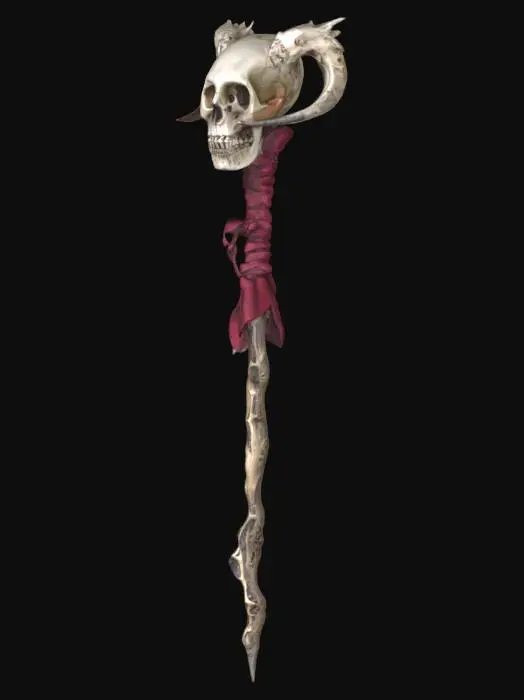3D model for A demonic magical staff. The staff is jagged and made of bones melded together. At the top, a skull with two large rubies in the eye sockets, and a large ruby coming rom the head. It has cloth wrapping around the bones. It is intricate and highly detailed