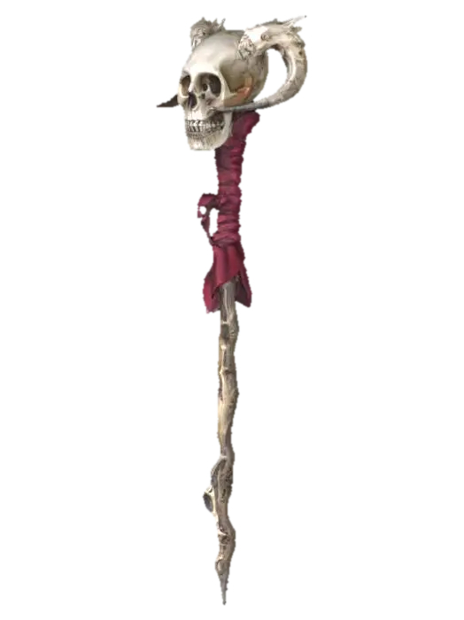 3D model for A demonic magical staff.  The staff is jagged and made of bones melded together.  At the top, a skull with two large rubies in the eye sockets, and a large ruby coming rom the head. It has cloth wrapping around the bones.  It is intricate and highly detailed