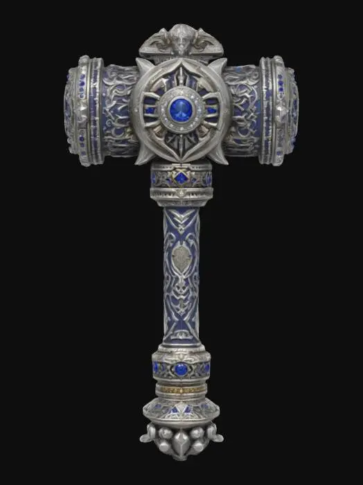 3D model for A large ornate Warhammer of a paladin worshiping a thunder god.  
The hammer is decorated with sapphires and diamonds and has the image of the god's face for decoration