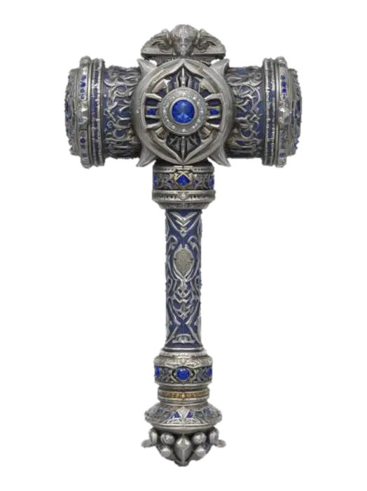 3D model for A large ornate Warhammer of a paladin worshiping a thunder god.
The hammer is decorated with sapphires and diamonds and has the image of the god's face for decoration