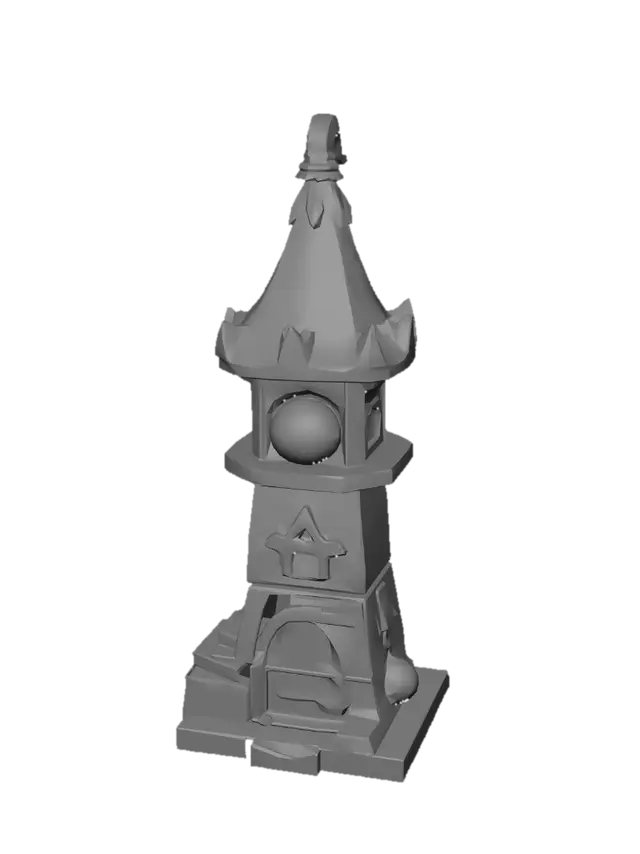 3D model for Low-poly stylized fantasy wizard tower for a mobile tower defense game, colorful and clean casual strategy game style, inspired by polished mobile games but original design, chunky shapes, clear readable silhouette, small stone tower base, blue and purple magical roof, glowing crystal orb on top, subtle magical runes, friendly cartoon fantasy look, isometric 3/4 view, optimized for mobile game, simple geometry, no tiny details, no realistic textures, hand-painted style materials, bright colors, soft edges, game-ready asset, centered object, neutral background.