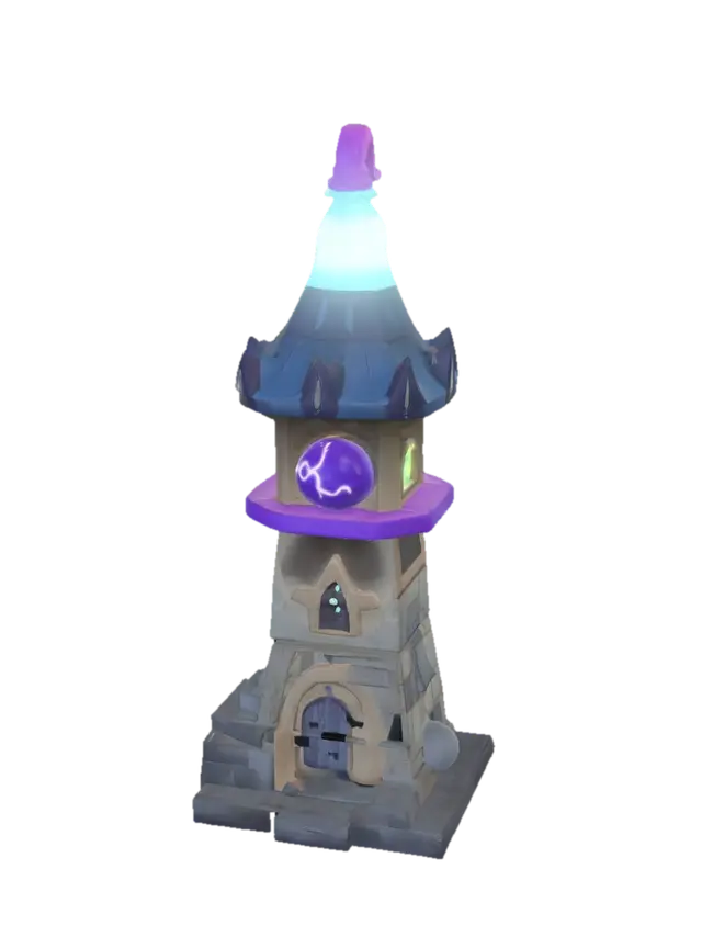 3D model for Low-poly stylized fantasy wizard tower for a mobile tower defense game, colorful and clean casual strategy game style, inspired by polished mobile games but original design, chunky shapes, clear readable silhouette, small stone tower base, blue and purple magical roof, glowing crystal orb on top, subtle magical runes, friendly cartoon fantasy look, isometric 3/4 view, optimized for mobile game, simple geometry, no tiny details, no realistic textures, hand-painted style materials, bright colors, soft edges, game-ready asset, centered object, neutral background.