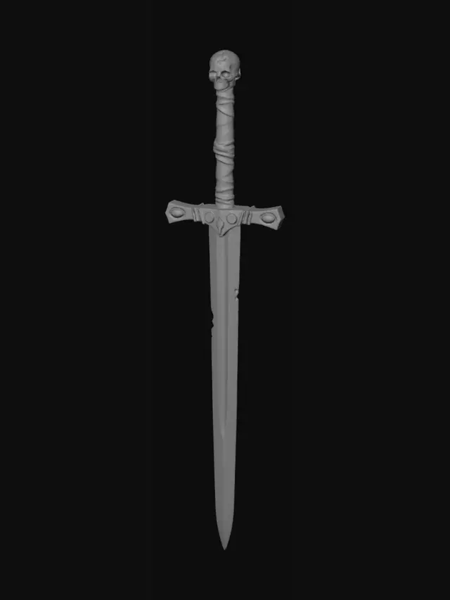 3D model for A realistic medieval greatsword. Leather wound hilt with jewel encrusted guard. Polished metal blade is scratched and dinged and inset with intricate runic etchings.