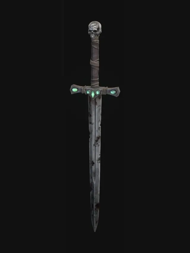 3D model for A realistic medieval greatsword. Leather wound hilt with jewel encrusted guard. Polished metal blade is scratched and dinged and inset with intricate runic etchings.