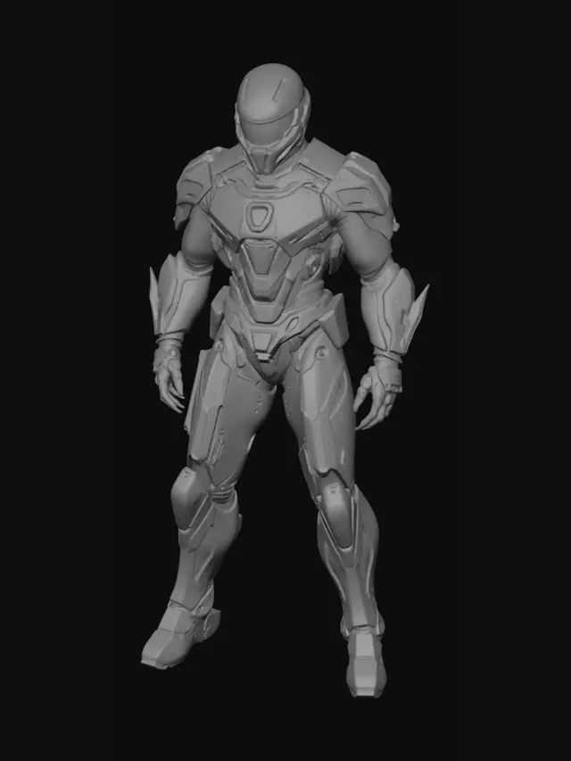 3D model for Un personnage masculin de science-fiction, arborant une armure cybernétique élégante en métal brossé et composites de carbone. Son costume est principalement de couleur anthracite avec des accents lumineux bleu électrique et des lignes rouges intégrées, suggérant une technologie avancée. La structure est musclée et athlétique, avec des articulations articulées visibles et un casque futuriste aux visière lumineuse, reflétant un design robuste et high-tech. La texture est lisse et métallique, avec des panneaux brillants contrastant avec des sections mates.