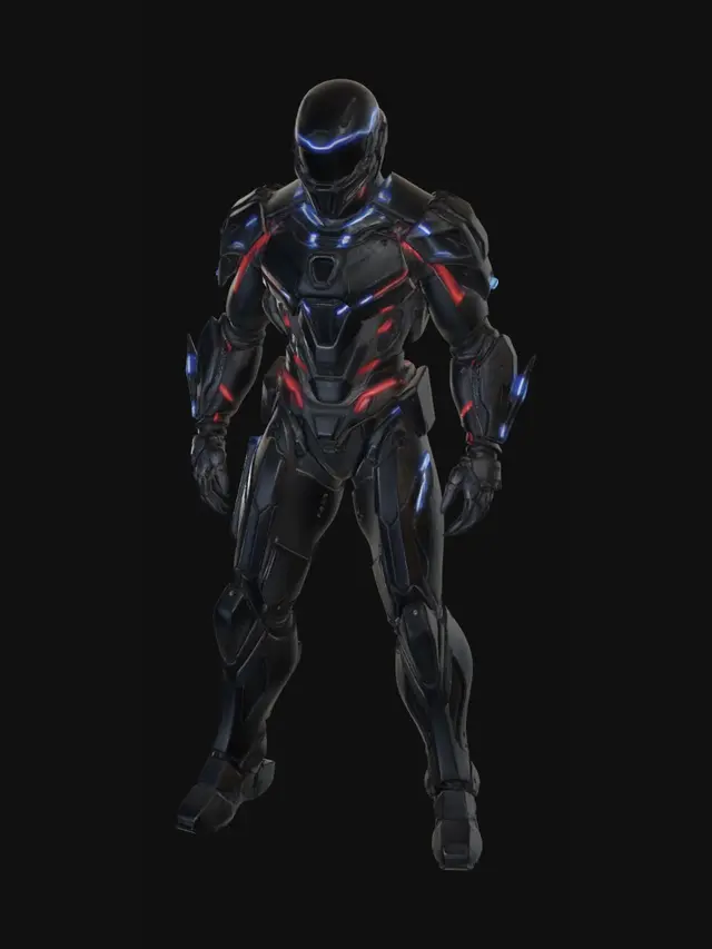3D model for Un personnage masculin de science-fiction, arborant une armure cybernétique élégante en métal brossé et composites de carbone. Son costume est principalement de couleur anthracite avec des accents lumineux bleu électrique et des lignes rouges intégrées, suggérant une technologie avancée. La structure est musclée et athlétique, avec des articulations articulées visibles et un casque futuriste aux visière lumineuse, reflétant un design robuste et high-tech. La texture est lisse et métallique, avec des panneaux brillants contrastant avec des sections mates.