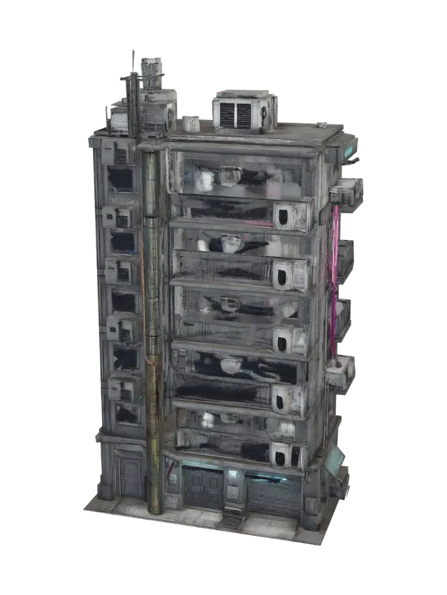 Cyberpunk Apartments - Skyscraper 3D model, vytvořený pomocí AI
