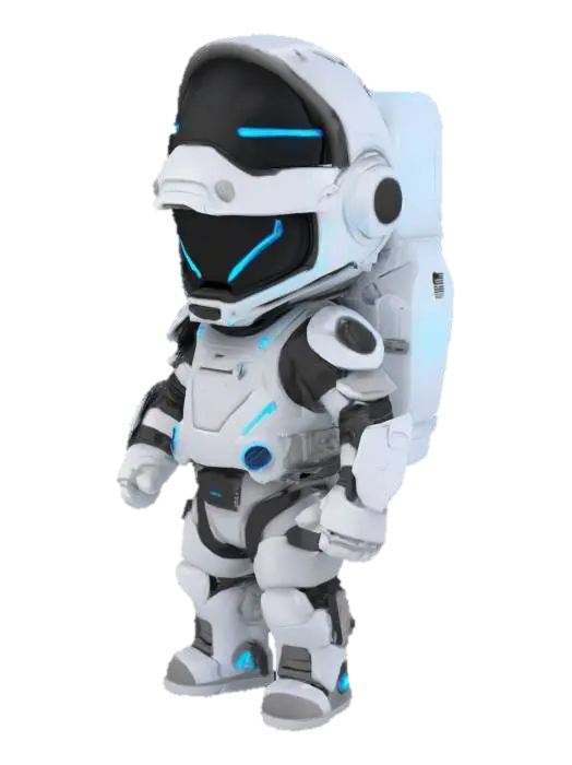 A chibi-style futuristic astronaut in a detailed white armor spacesuit with glowing… - Visor 3D model, vytvořený pomocí AI