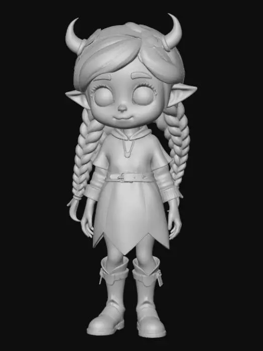 3D model for 3D character model of a young forest druid girl, full body, stylized art style inspired by Kena Bridge of Spirits and Disney. She has large expressive eyes, friendly face, and soft features. She is wearing elegant, clean nature-inspired clothing: a soft green tunic made of fabric, a leather belt with small golden leaves, and dark brown leather boots. Her outfit is cozy and respectful of nature, not savage, with no bones or skulls. She has braided brown hair decorated with small glowing leaves and a tiny wooden horn headband. Highly detailed stylized textures, clay-like smooth surface, vibrant colors, hand-painted look, standing in a T-pose or clean A-pose, game-ready character, photorealistic lighting on stylized shapes.