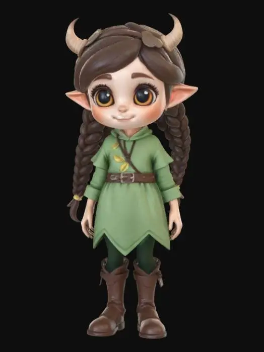3D model for 3D character model of a young forest druid girl, full body, stylized art style inspired by Kena Bridge of Spirits and Disney. She has large expressive eyes, friendly face, and soft features. She is wearing elegant, clean nature-inspired clothing: a soft green tunic made of fabric, a leather belt with small golden leaves, and dark brown leather boots. Her outfit is cozy and respectful of nature, not savage, with no bones or skulls. She has braided brown hair decorated with small glowing leaves and a tiny wooden horn headband. Highly detailed stylized textures, clay-like smooth surface, vibrant colors, hand-painted look, standing in a T-pose or clean A-pose, game-ready character, photorealistic lighting on stylized shapes.