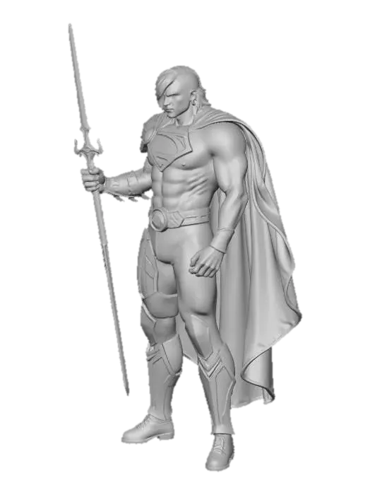 3D model for Erstelle mir ein 3d Modell für meinen 3d druck, wo He-Man sich zu Superman verwandelt, dabei soll die rechte körperhälfre heman sein und die linke Seite sich in superman verwandeln