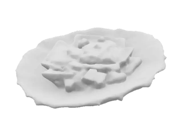 3D model for A single curved plantain chip—light golden with ridged surface and browned tips—cupped and crisp. It holds a spoonful of fresh mango salsa: small cubes of bright yellow mango, red bell pepper, and green cilantro. Glossy and juicy with fine chili flecks.
