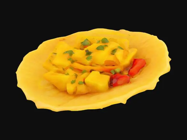 3D model for A single curved plantain chip—light golden with ridged surface and browned tips—cupped and crisp. It holds a spoonful of fresh mango salsa: small cubes of bright yellow mango, red bell pepper, and green cilantro. Glossy and juicy with fine chili flecks.