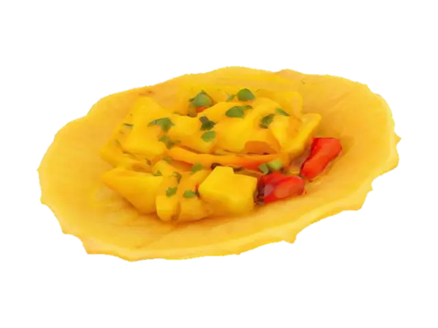 3D model for A single curved plantain chip—light golden with ridged surface and browned tips—cupped and crisp. It holds a spoonful of fresh mango salsa: small cubes of bright yellow mango, red bell pepper, and green cilantro. Glossy and juicy with fine chili flecks.