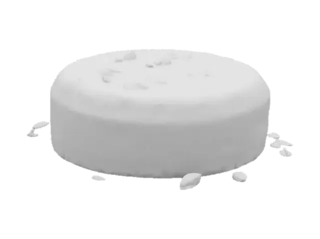 3D model for A small round cake with a pale golden crumb and visible orange zest flecks. The top is dusted with powdered sugar and adorned with a drizzle of sticky orange blossom syrup, giving a semi-glossy finish and a few scattered crushed pistachios.