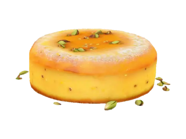 3D model for A small round cake with a pale golden crumb and visible orange zest flecks. The top is dusted with powdered sugar and adorned with a drizzle of sticky orange blossom syrup, giving a semi-glossy finish and a few scattered crushed pistachios.